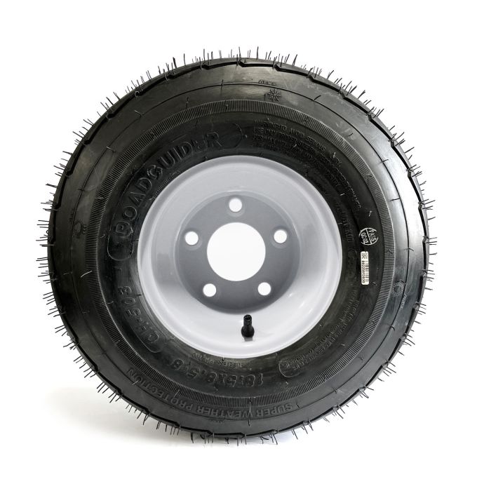 215/60-8 18 1/2" x 8 1/2" x 8" 8-ply LRD 990 lbs Roadguider tire and 8" 5-hole white rim with valve